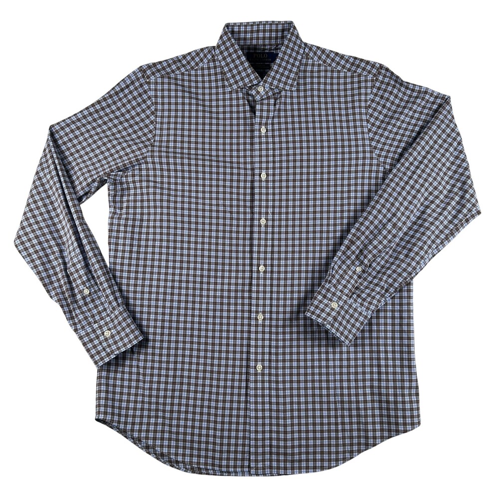Polo Ralph Lauren Shirt Mens Medium Brown Check Long Sleeve Button Down Stretch